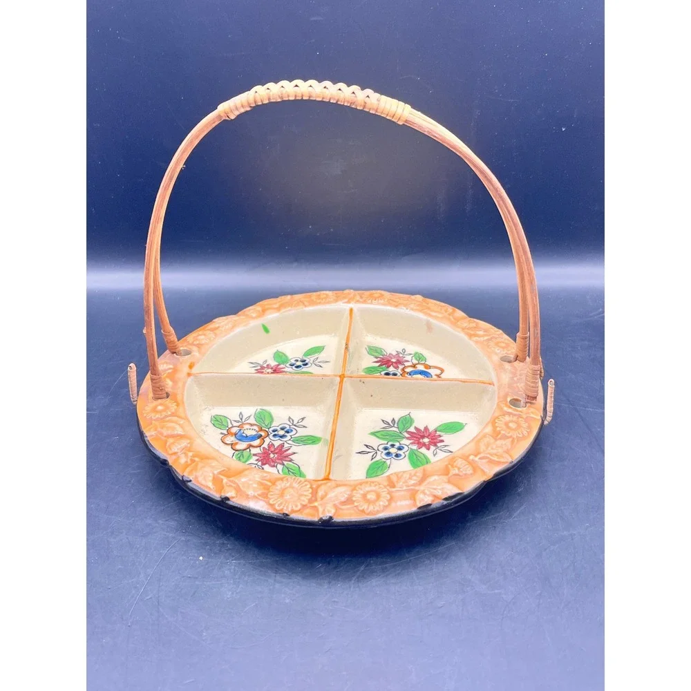 Vtg 4 Section Divided‎ Serving Dish Wicker Handle Ceramic Floral Japan 7.5